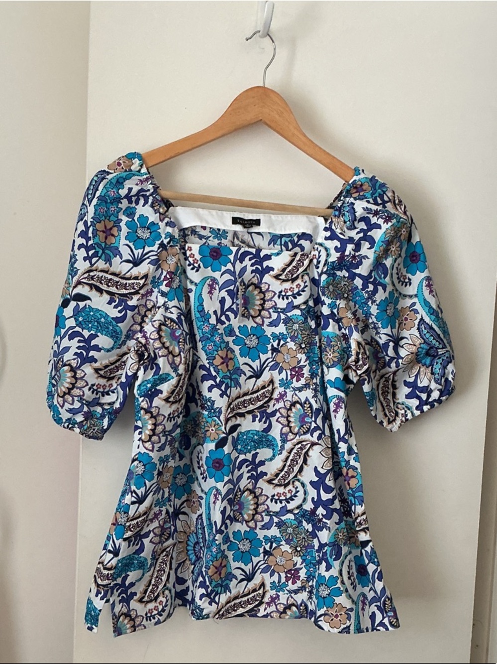 Floral Puff Sleeve Top in Turquoise and Navy from Talbots